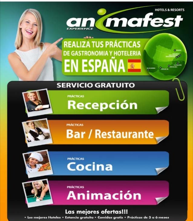 Hay pasantias remuneradas en Hoteles y Resorts en España para técnicos y empíricos de Colombia
Tenemos
300 puestos para cocineros
400 puestos para meseros
50 puestos para guardas de seguridad y vigilancia para parques acuáticos
Informes WhatsApp 3116504921 chef William osorio