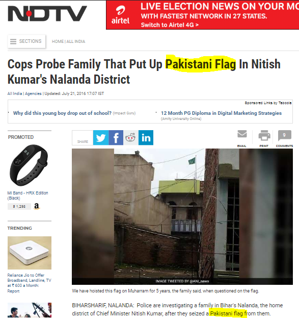 129^^Heck, even the headline of the report says Pakistani Flag!But, looks like the worker bee sitting on the twitter handle of our dear  #NDTV didn't get the 'correct' message, Allegedly!