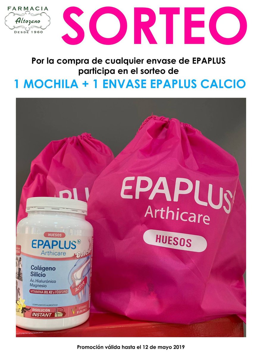 Ahora, por la compra de cualquier envase de #Epaplus, participa en el sorteo de una mochila y un Epaplus Arthicare Calcio. 
Promoción válida hasta el 12 de mayo, día de la Carrera de la Mujer en Madrid.