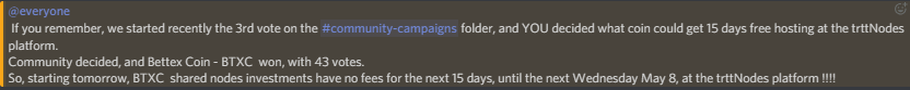 Nodestrtt's tweet photo. Congrats to the @Bettex_coin Community!!!
They won the community voting contest and now they have 15 days free hosting at the #trttNodes platform!!!!
No fees for the #btxc coin until the next Wednesday, May 8 https://t.co/zkGXozNEWc