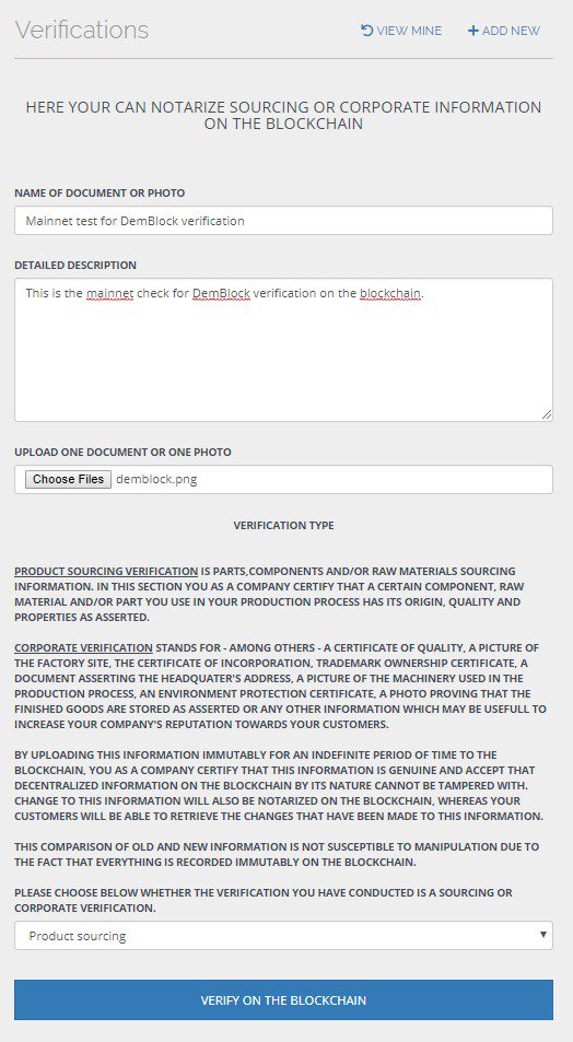 Dem_Block's tweet photo. This is our unique corporate and sourcing verification form for notarizing seller/supplier data on the blockchain and it is already functioning- it constitutes the core of the DemBlock marketplace unique selling point - see more details in our whitepaper: https://t.co/CK5H0xPD1v https://t.co/SEuVnaRUbF