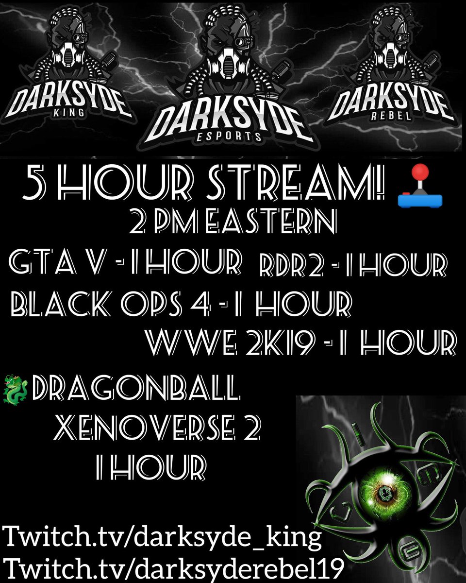 blkrose_5star's tweet photo. Tomorrow @DarksydeEsports will be doing a 5 hour #Stream 5 games 1 hour each starting at 2 pm est time. Tune in and join the #DarkSyde movement! #Twitch #Streamers #Retweet
@InkVisionMG
https://t.co/TIciOIlzTI
https://t.co/qpaoIukMew https://t.co/MWYp635lOc
