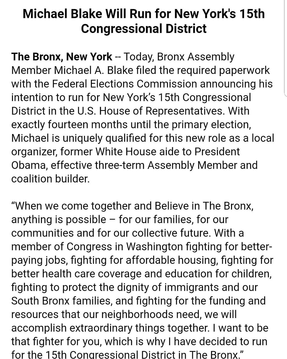 MrMikeBlake's tweet photo. I'm in. I'm running for Congress. Join us at https://t.co/eFDUDIw4dh #BelieveInTheBx https://t.co/FsfSkEU1C8