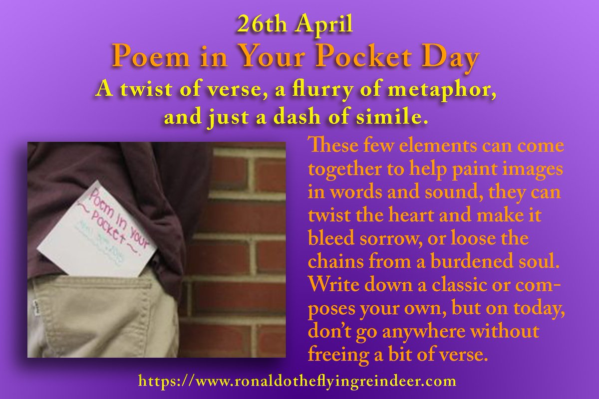 #today 26th April is
#PoeminYourPocketDay2019
#NationalKidsAndPetsDay

Carry a poem that inspires you and share that poem with others.

#PoeminPocketDay
#PoeminYourPocket
#PoeminPocket
#PoemInYourPocket
#poetry 
#poet
