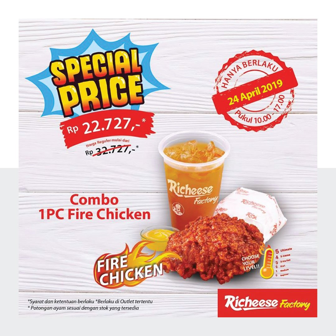 GetDiskon's tweet photo. Special Price cuma 1 hari di Richeese Factory!
Combo 1 PC Fire Chicken di SEMUA outlet Richeese Factory, pk 10 pagi - 5 Sore!

Jangan sampe ketinggalan buat pecinta yang pedes pedesh!

#getdiskon #promo#richeesefactory https://t.co/ZknfW31PDN