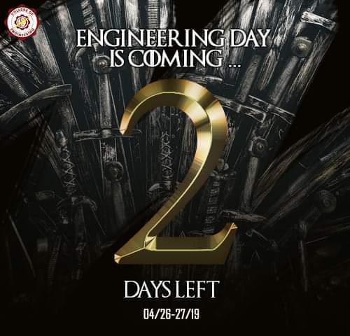 SLSUCEnSC's tweet photo. Call up your bannermen, Future Engineers!

Two days left until the most anticipated battle for the iron throne, the most awaited event of the College of Engineering. Two days left until #CEnLEBRATION2019 with the theme: Engineers of Tomorrow at the Brink of Extinction! https://t.co/ab2qIzDCDf
