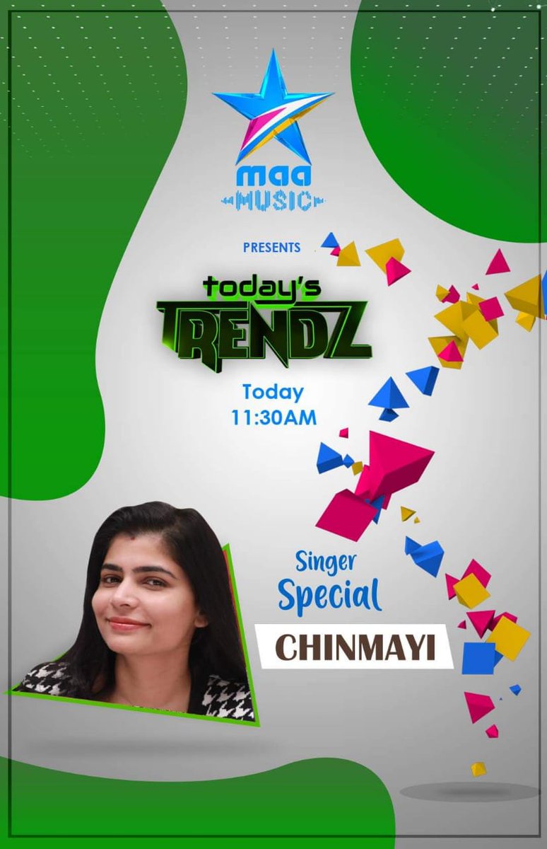 StarMaaMusic's tweet photo. Watch #TodaysTrendz with Singer @Chinmayi Special at 11:30 AM on @StarMaaMusic https://t.co/2HvyyH4nft