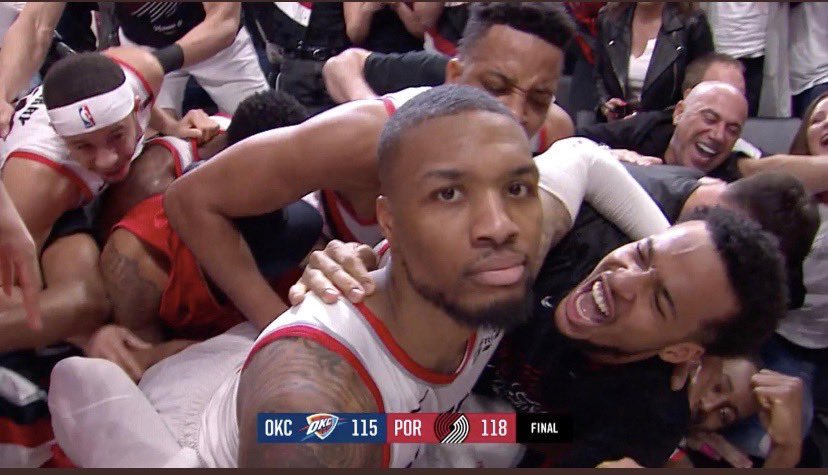 Oregonian's tweet photo. Blazers win! Blazers win! Portland advances to Round 2 of the #NBAPlayoffs with thrilling victory over Oklahoma City Thunder, heroic performance from Damian Lillard. The quick game story from the Moda Center: https://t.co/IeqNKFNNNr #RipCity #DameFace https://t.co/sSQnTYPpoI