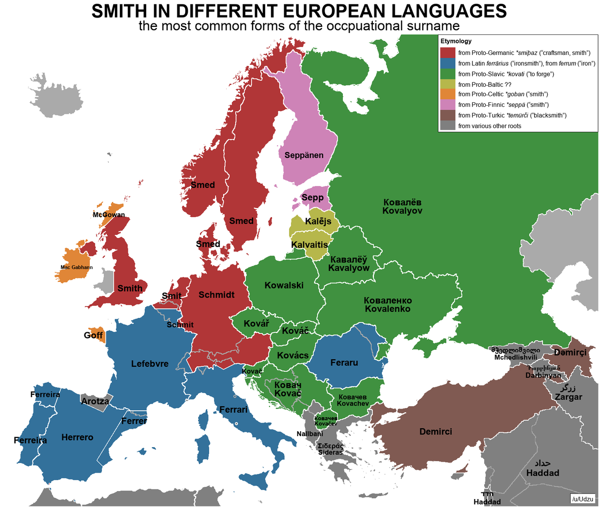 MapPornTweet's tweet photo. Surrname Smith in different European Languages https://t.co/dy9USl3tzL #MapPorn https://t.co/CwMvDGv72f