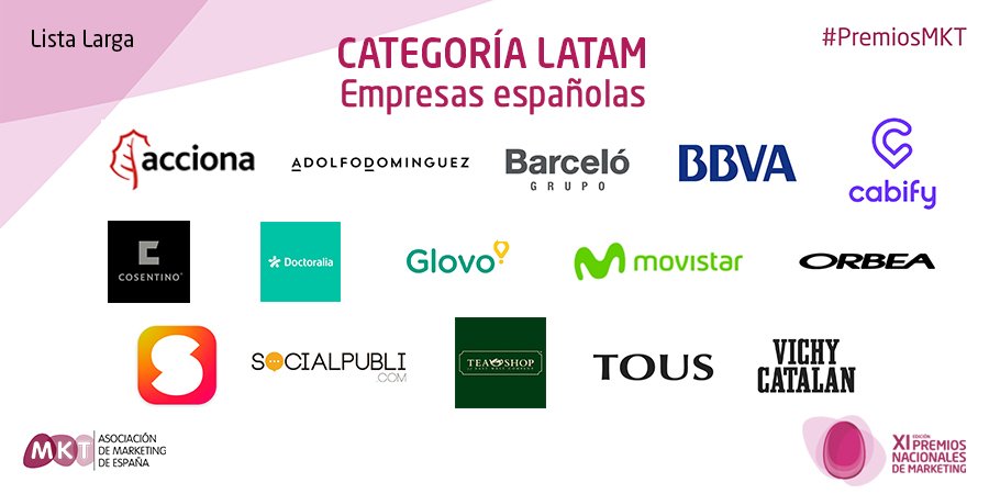 AMKT_es's tweet photo. #PremiosMKT🏆 Lista Larga Categoría #LATAM 🌎 Empresas españolas: @ACCIONA @AD_Oficial @bbva @cabify_espana @GrupoCosentino @Doctoralia @Glovo_ES @barcelohoteles @movistar_es @Orbea @Samplia @SocialPubli @Tea_Shop_Spain @tousjewelry @vichycatalan https://t.co/Q1fdE3YzQx
