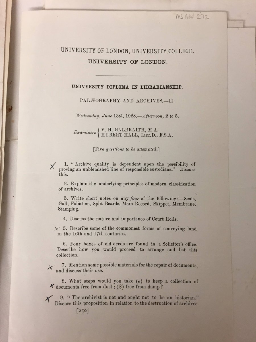UCLSpecColl's tweet image. Here's #SomethingFun for day 24 of #Archive30 - exam questions from the UCL Diploma in Librarianship (Palaeography and Archives) paper II, June 1928. Some of the wording sounds a bit old-fashioned, but the underlying principles haven't changed much.