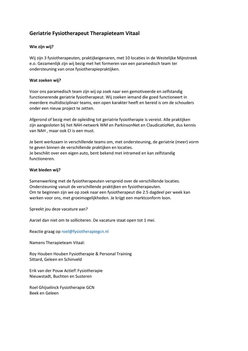 Vacature geriatriefysiotherapeut! Solliciteren tot 1 mei! #fysiotherapie #Beek #Geleen #Sittard #Born #Buchten #Geriatriefsyiotherapie