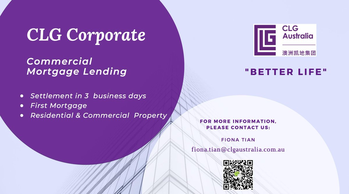 AustraliaClg's tweet photo. CLG Commercial Mortgage Lending
For more information, please contact: fiona.tian@clgaustralia.com.au 
CLG Australia Company Website：https://t.co/mRmslnhVqQ https://t.co/TeDUbwwsAa