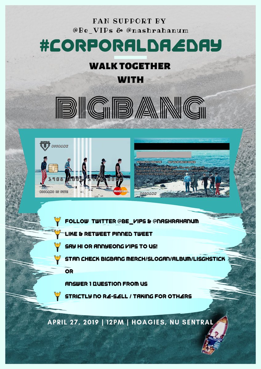 Be_VIPs's tweet photo. [HELP RT &amp; SPREAD MYVIPs 🇲🇾]
Who's exciteddd??!

3 Days to go!

Freebies by @Be_VIPs &amp; @nashrahanum for #CorporalDaeDay event!!

📍Date : 27th April 2019
📍Venue : Hoagies on-the-go @ NU Sentral (L5-11)
📍Time : 12pm - 6pm

📢 MORE DETAILS ON POSTER 📢

#CorporalDaeDay #BIGBANG https://t.co/tXaPD87q19