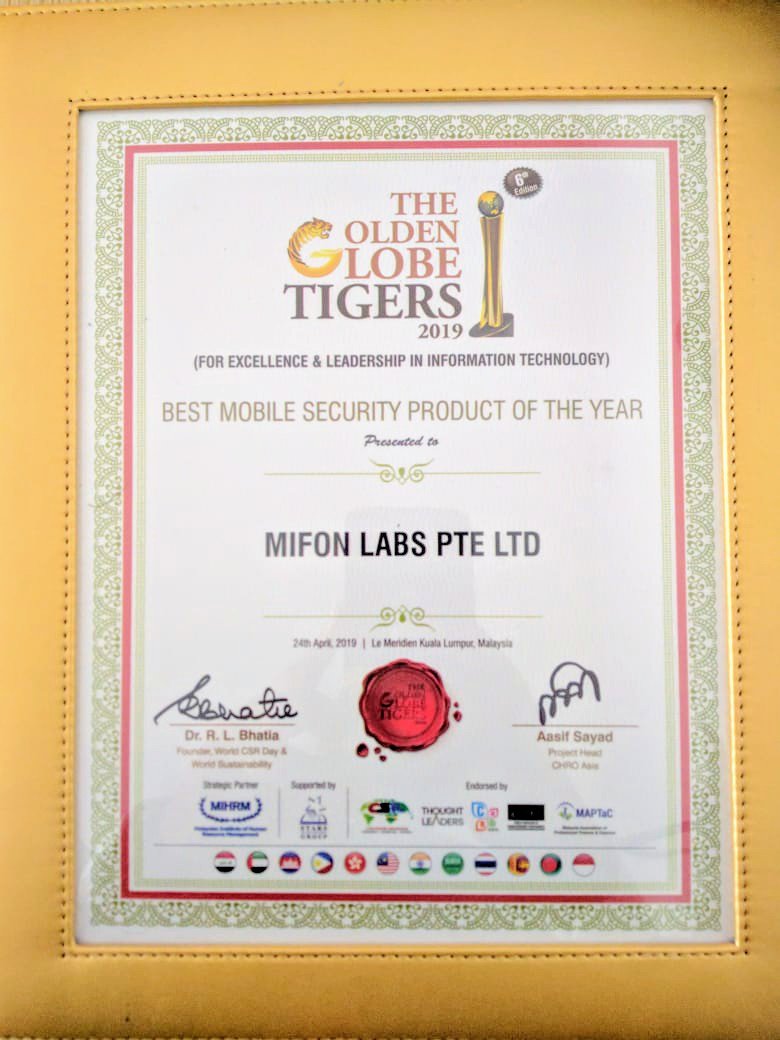 mifonlabs's tweet photo. MIFON LABS gets Golden Globe Tigers Award for Best Mobile Security Product of the Year ๐ #moxrocks #mox #sosv #besafe #insurtech https://t.co/2CSW50RXOm