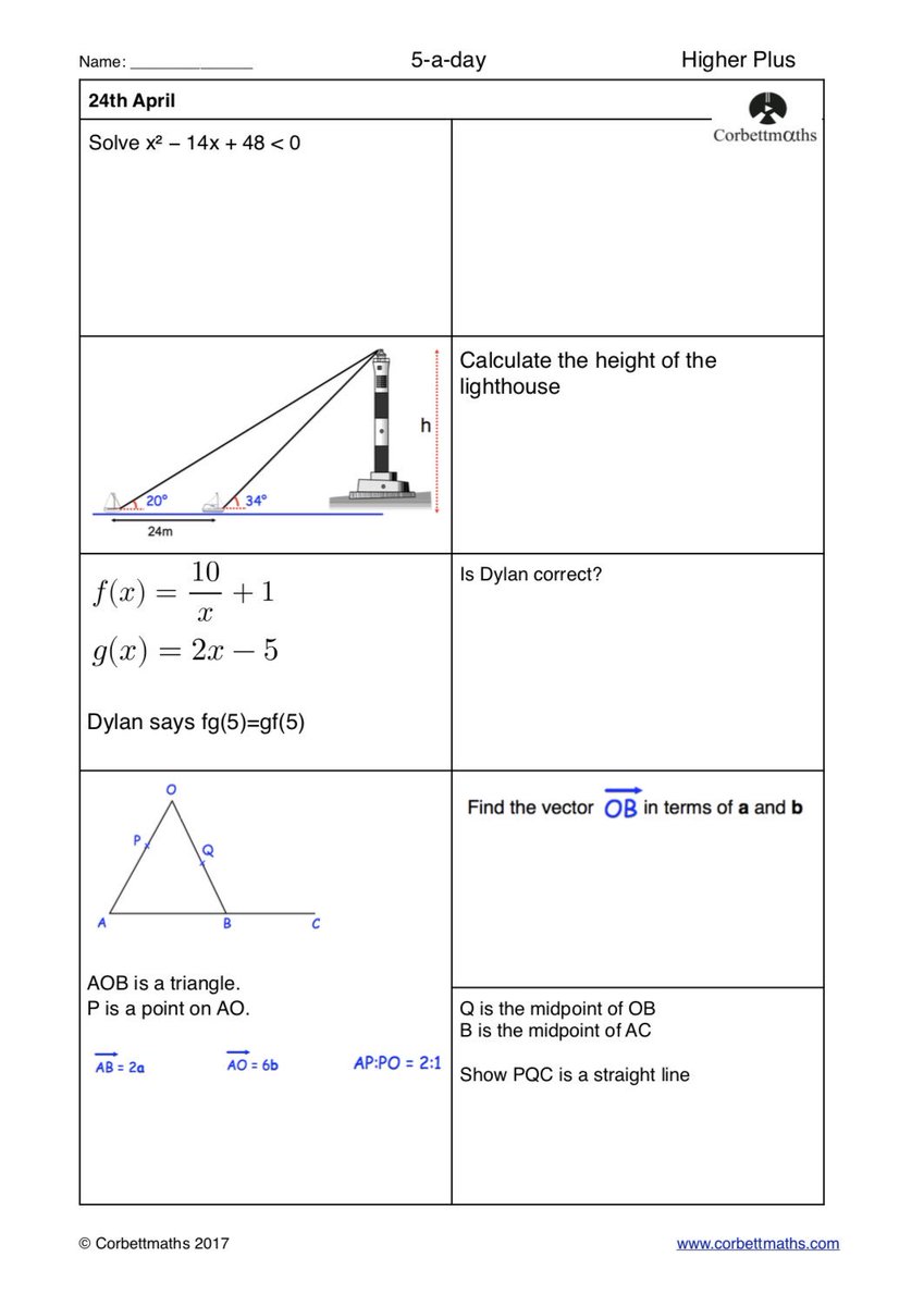 Corbettmaths's tweet photo. Studying for Higher GCSE Maths? Try today's Foundation Plus, Higher &amp; challenging Higher Plus #maths5aday answers: https://t.co/0TUWL69rQe https://t.co/xdsRLHaDfN