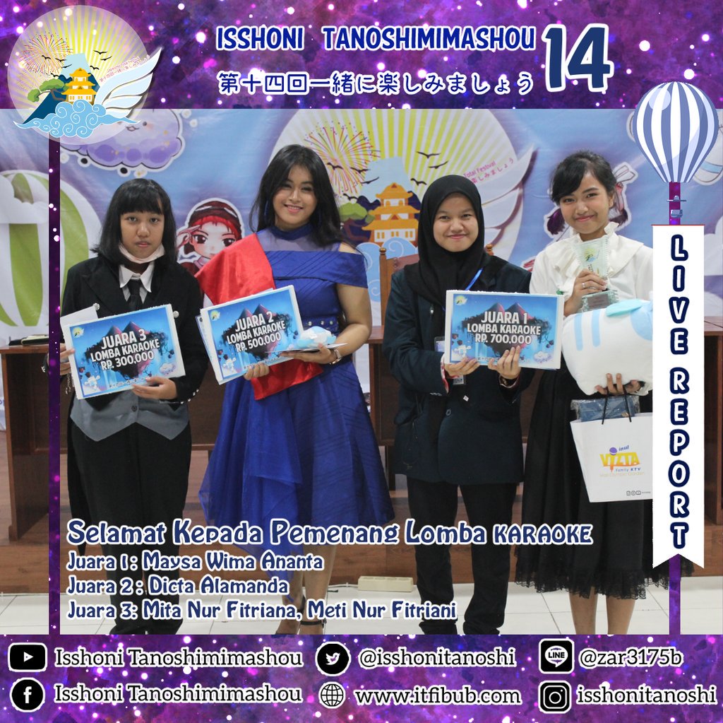 IsshoniTanoshi's tweet image. [PIC REPORT OF ISSHONI TANOSHIMIMASHOU 14]

Omedetou Gozaimasu minna😊
Inilah peserta pemenang lomba karaoke, kanji kikikakitori, dan fanart.
.
#LiveReportIT14 #ITFIBUB #IT14
#UniversitasBrawijaya
#EventMalang
#JapaneseFestival
#isshonitanoshimimashou
