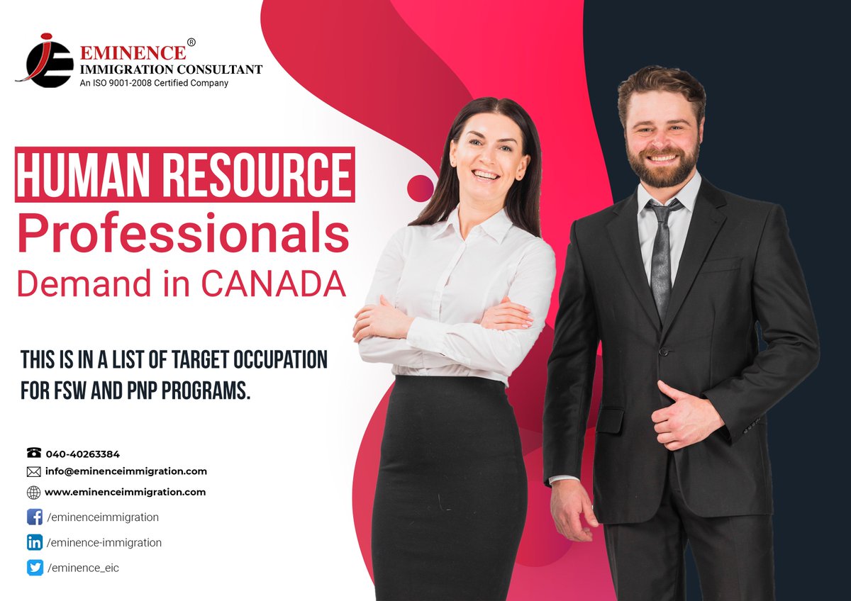 Multiple options for #HumanResourceProfessionals in #Canada, if you are a #HR Professional apply now for #CanadaPR and get an #opportunity to work in top level companies and also avail various benefits as a #PermanentResident.
#EminenceImmigration #PRBenefits #MigratetoCanada