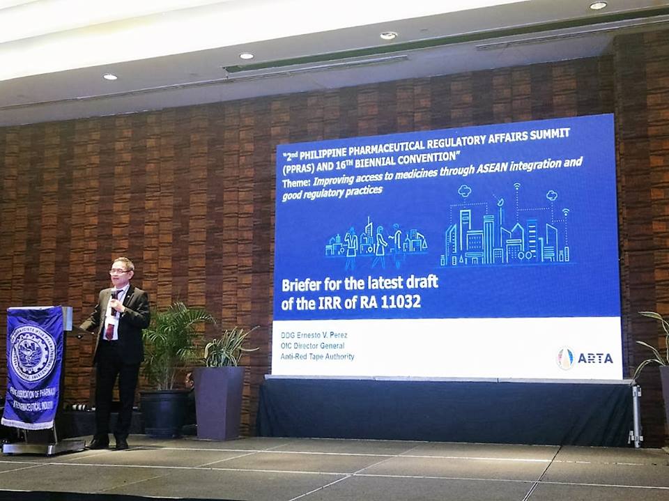 ARTAgovph's tweet photo. DDG Ernesto Perez spoke about the Ease of Doing Business Law at the 2nd Philippine Pharmaceutical Regulatory Affairs Summit and 16th Biennial Convention. 💊💉 We are glad to be able to spread the good news that is RA 11032 to the Pharmaceutical Industry. 🇵🇭⚡️#ARTalks #ARTAGovPh https://t.co/iIQx20bITC