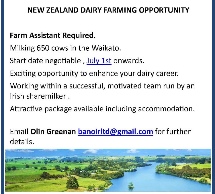 We are on the look out for a new team member for next season . Would suit someone from overseas who might like to experience farming in NZ. Retweet’s appreciated thanks . For more info DM or email me