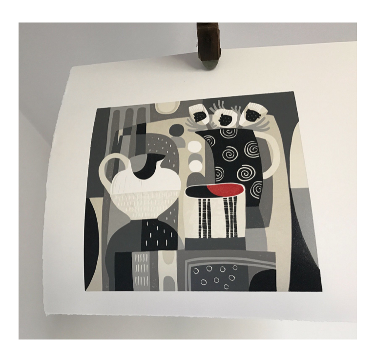 ... new linocut with a dash of Katharina Klug red #printmaking #pattern #monochrome #ceramics #collection #inspiration <a href="/KlugCeramics/">Katharina Klug</a>