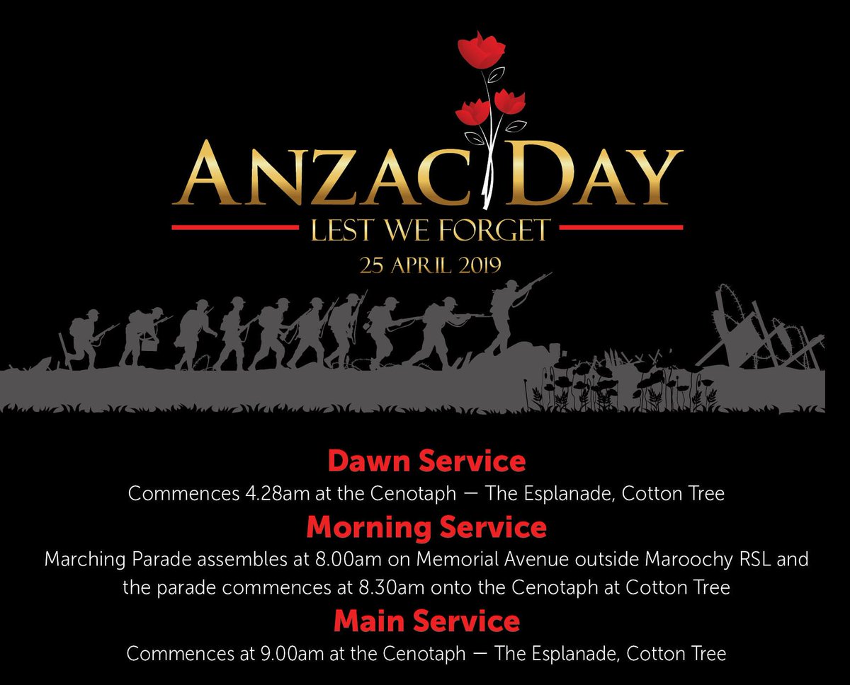 maroochyRSL's tweet photo. Here are the times and details of the commemorative services on Anzac Day tomorrow, starting with the Dawn Service at the Cotton Tree Cenotaph at 4.28am. More event details here: https://t.co/drl2f7CQpT  | #maroochyrslanzacday https://t.co/Y22if8VUFv