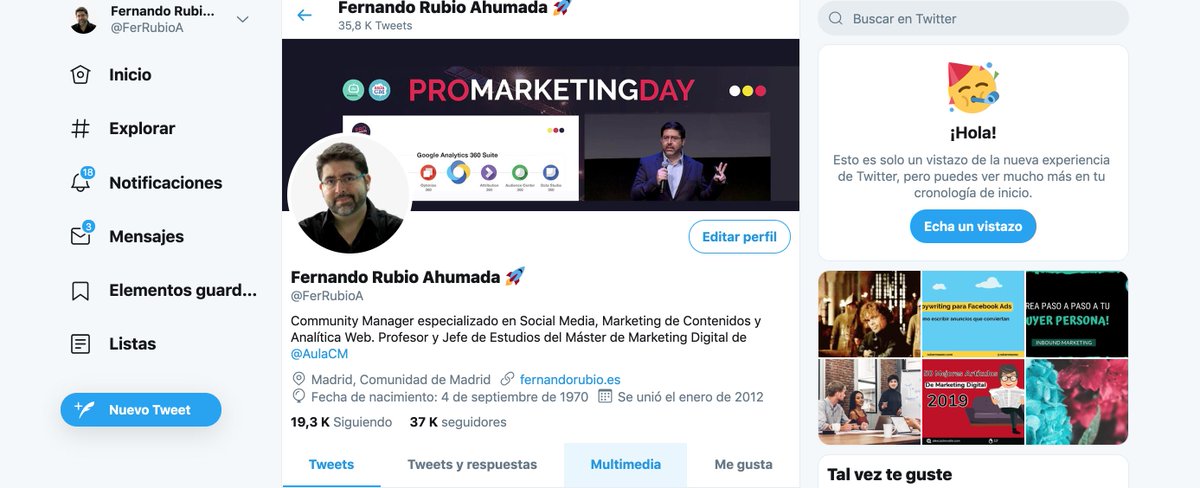 FerRubioA's tweet photo. ¿Ya tenéis el nuevo perfil de Twitter?
Twitter cambia de interfaz 😀 🚀 🐥 https://t.co/W8rXSdBSp7