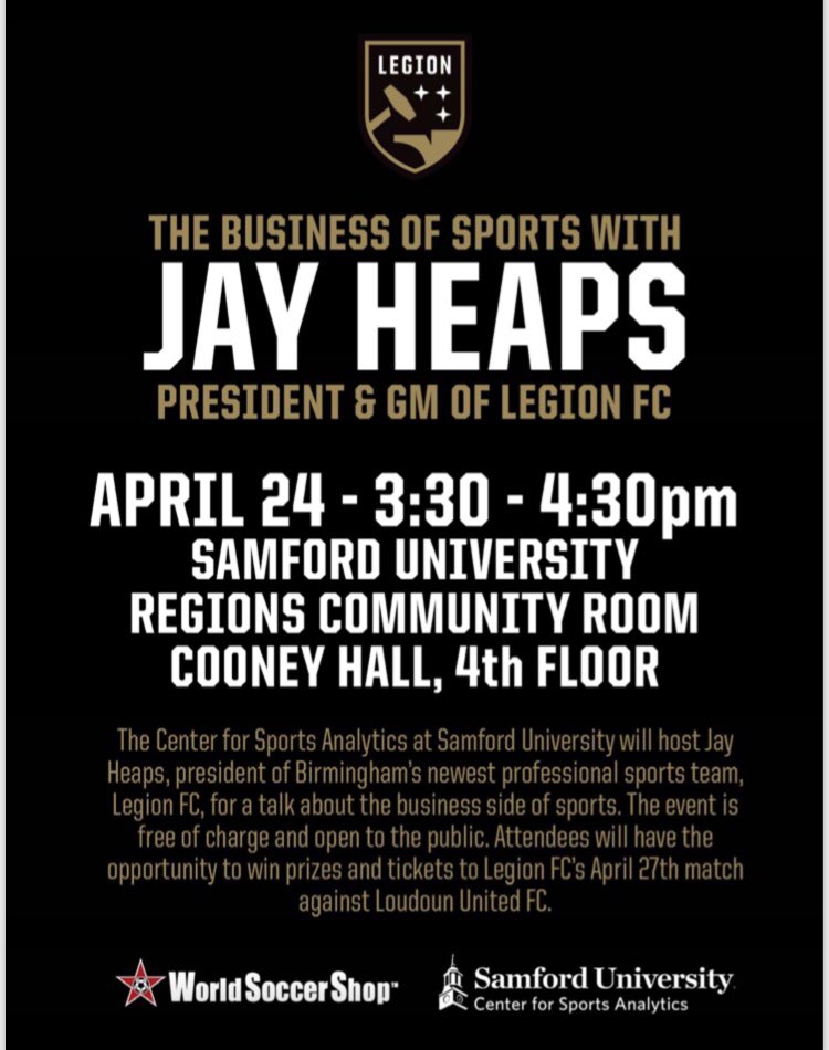 TODAY! You do not want to miss it! Jay Heaps, president of <a href="/bhmlegion/">Birmingham Legion FC</a>, speaking to <a href="/SamfordU/">Samford University</a> and chances to win prizes and tickets! <a href="/WrldSoccerShop/">WorldSoccerShop</a> #SportsBiz