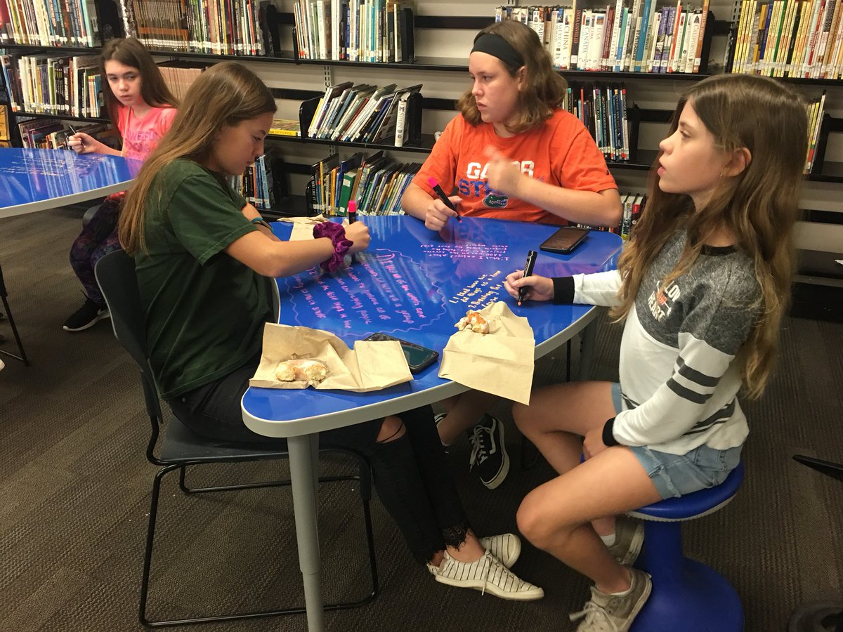 WilsonMSLibrary's tweet image. SADD students use our new dry erase tables to write year-end reflections to share with the club. #hubofschool
