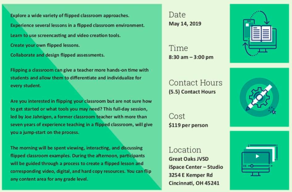 JahnigenTeacher's tweet photo. Are you interested in flipping your classroom? Join me on May 14th for a full day session on exploring and creating your own flipped lessons. #HCESC #Blendedlearning #EdTechMusic https://t.co/BxBbprAncJ