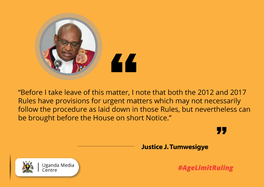 UgandaMediaCent's tweet photo. “Before I take leave of this matter, I note that both the 2012 and 2017 Rules have provisions for urgent matters which may not necessarily follow the procedure as laid down in those rules” - Justice J. Tumwesigye #AgeLimitRuling https://t.co/D2MT2p00BX