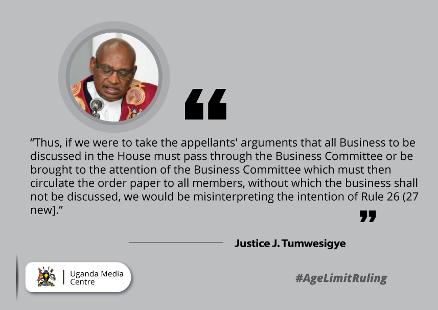 UgandaMediaCent's tweet photo. “Thus, if we were to take the appellants' arguments that all business to be discussed in the House must pass through the Business Committee ...” - Justice J. Tumwesigye #AgeLimitRuling https://t.co/hew8gVW6vw