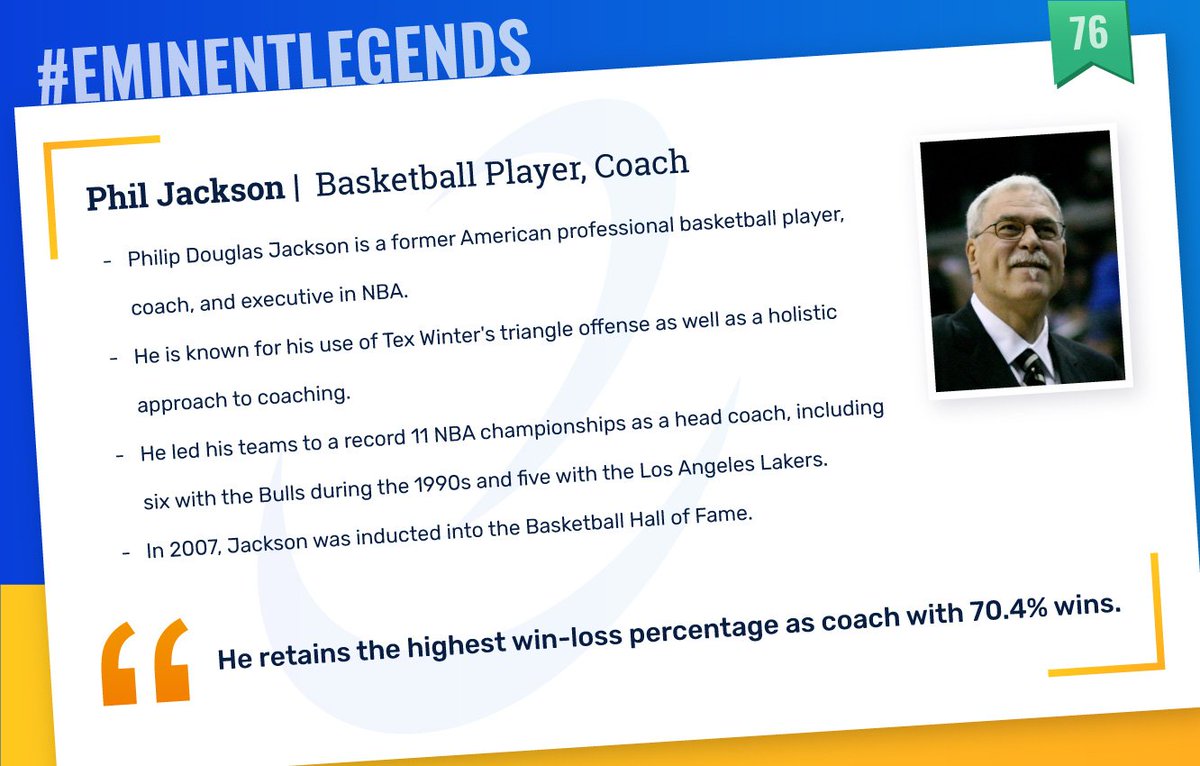 EmiproTech's tweet photo. Legend No: 76

Phil Jackson | Basketball Player, Coach

"Approach the game with no preset agendas and you'll probably come away surprised at your overall efforts." - Phil Jackson

#Eminent #EminentLegends #EmiproTech #Legends https://t.co/vm45p1ksh1