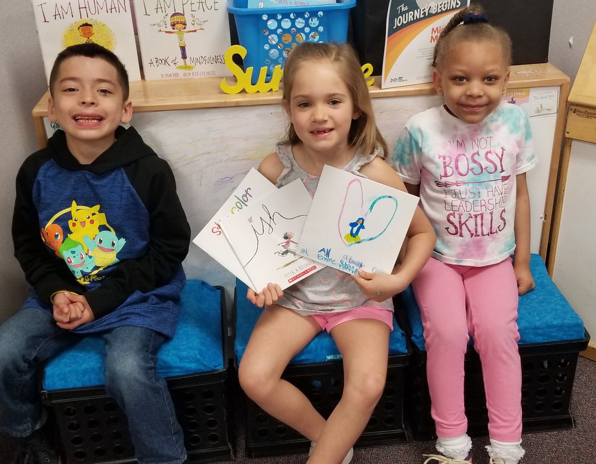 MissDukeAB's tweet photo. We notice that her 1st published book is the same size as @Scholastic versions of @peterhreynolds books! Of course, I chose to give them to her. Her friends who were here at the time had to #SaySomethingSweepstakes by celebrating her work too. That's how our Kinderpals roll! https://t.co/aHtNpQnZSe