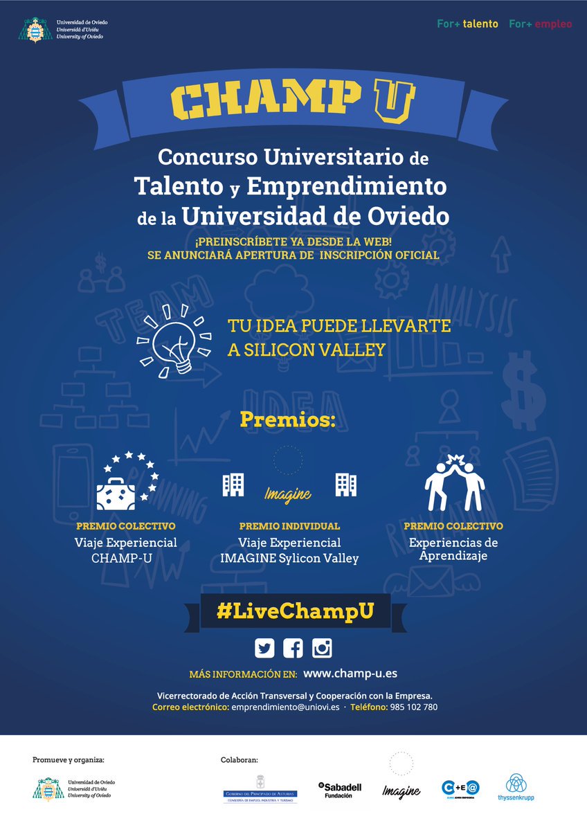 ¿#CHAMPU?Es un Concurso Universitario de #Talento y #Emprendimiento de la #UniversidadDeOviedo. Aprendizaje experiencial, potencia tus talentos y evoluciona una idea emprendedoras o apoya las de otros. 48 horas del 31/05 al 2/06 #LiveCHAMU #Vídeo-->bit.ly/CHAMP_U_18