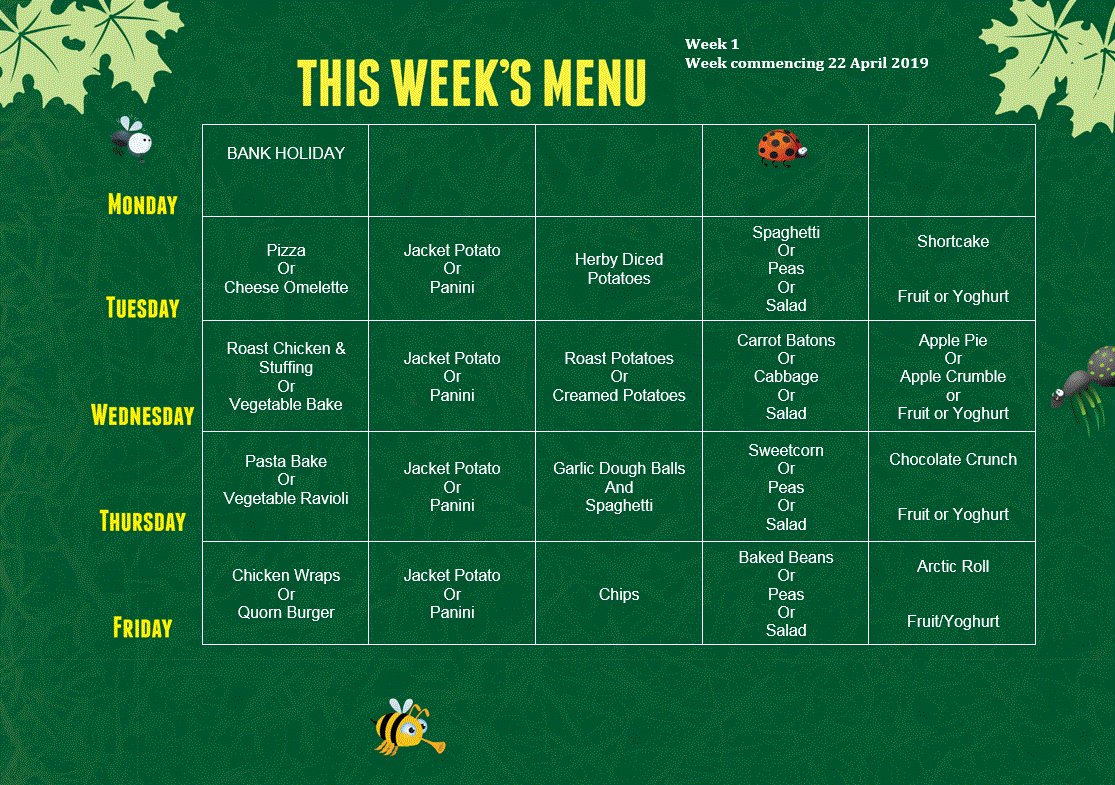 LFAGreenacres's tweet photo. Menu - Week 1
22nd April 2019 https://t.co/XB2RBFCHar