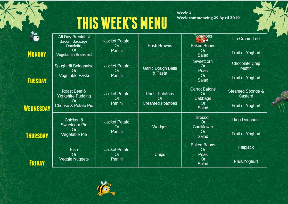 LFAGreenacres's tweet photo. Menu - Week 2
29th April 2019 https://t.co/YCQl6zetvS