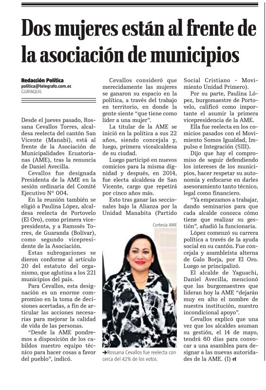 AMEcuador's tweet photo. #AMEenMedios | Dos mujeres están al frente de la asociación de municipios. Nota difundida en @el_telegrafo.
Lea más en 👉🏽 https://t.co/FgDQ1e6tcw
#AutoridadesMunicipalesEC 🇪🇨 https://t.co/Ziz0FkwaCL