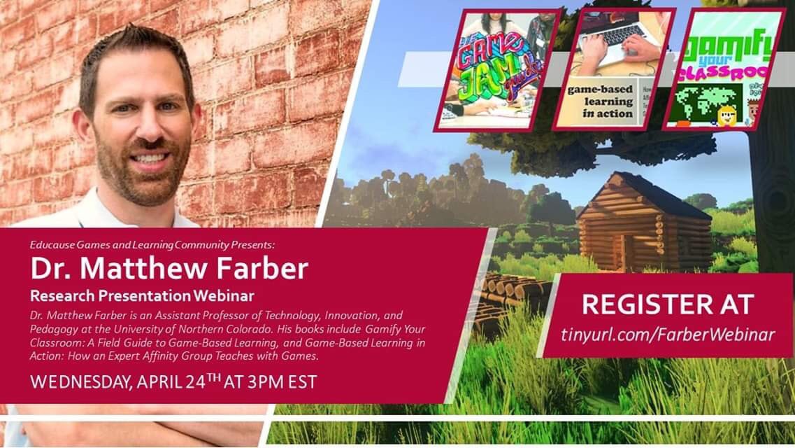 Please RT! :) Join me TODAY, 3pm ET for a FREE webinar on Game-Based Learning @ tinyurl.com/FarberWebinar
Presented by the <a href="/educause/">EDUCAUSE</a> Games and Learning Community #educause #learning #XPLAP #games4ed