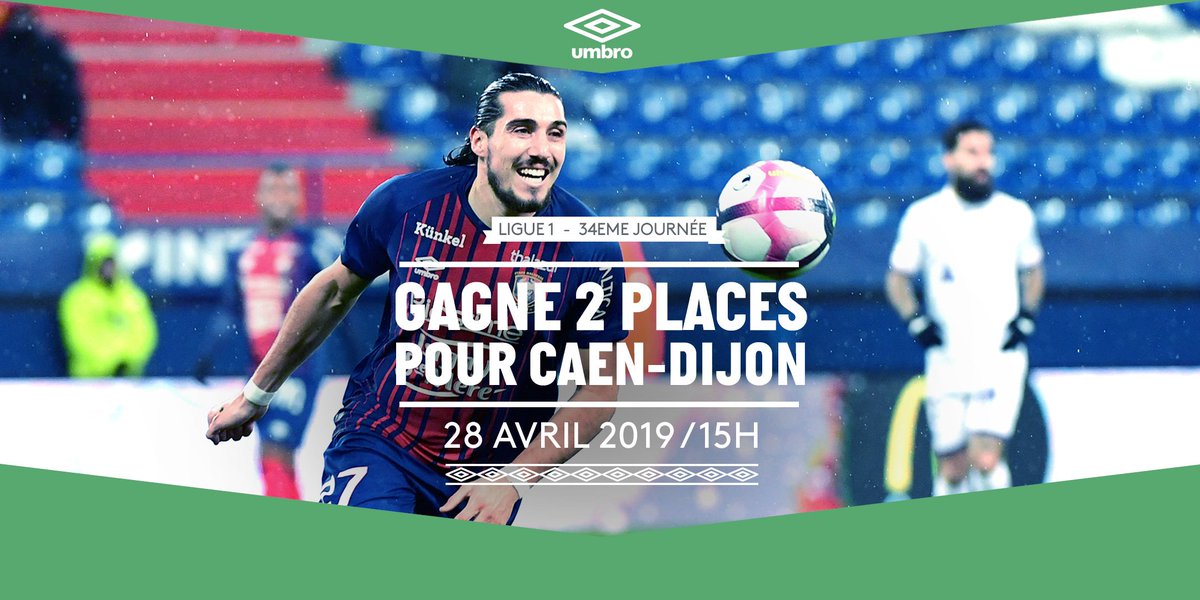 Dimanche, le <a href="/SMCaen/">Stade Malherbe Caen</a> affronte le <a href="/DFCO_Officiel/">Dijon FCO</a> à 15h au Stade Michel-d'Ornano ⚽️

Tu veux venir pousser les joueurs vers la victoire ? RT &amp; Follow <a href="/UmbroFrance/">Umbro France</a> avant jeudi 16h pour tenter ta chance 🍀 (6 lots de 2 places à gagner)

#SMCDFCO #TeamSMC #TeamUmbro #Umbro