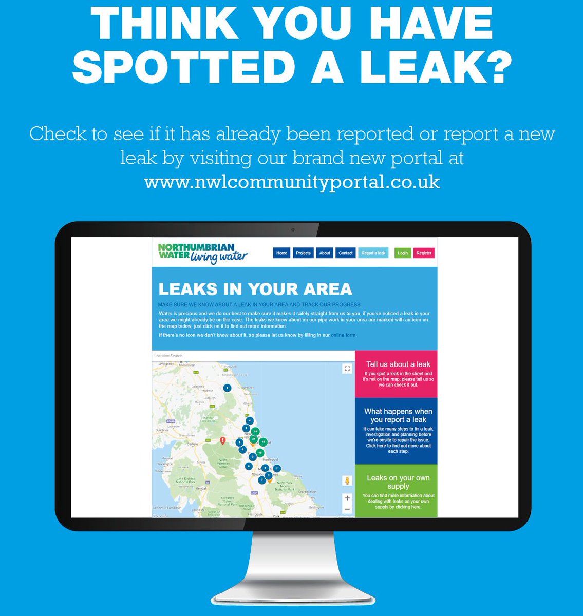 NorthumbrianH2O's tweet photo. Spotted a water leak? Please let us know so we can get it fixed.
You can #CheckBeforeYouReport by using our interactive leakage map to see if a leak has already been reported or not. You can also track repairs and report new leaks too >> https://t.co/IuBvL8N4sO https://t.co/245dI7VE13