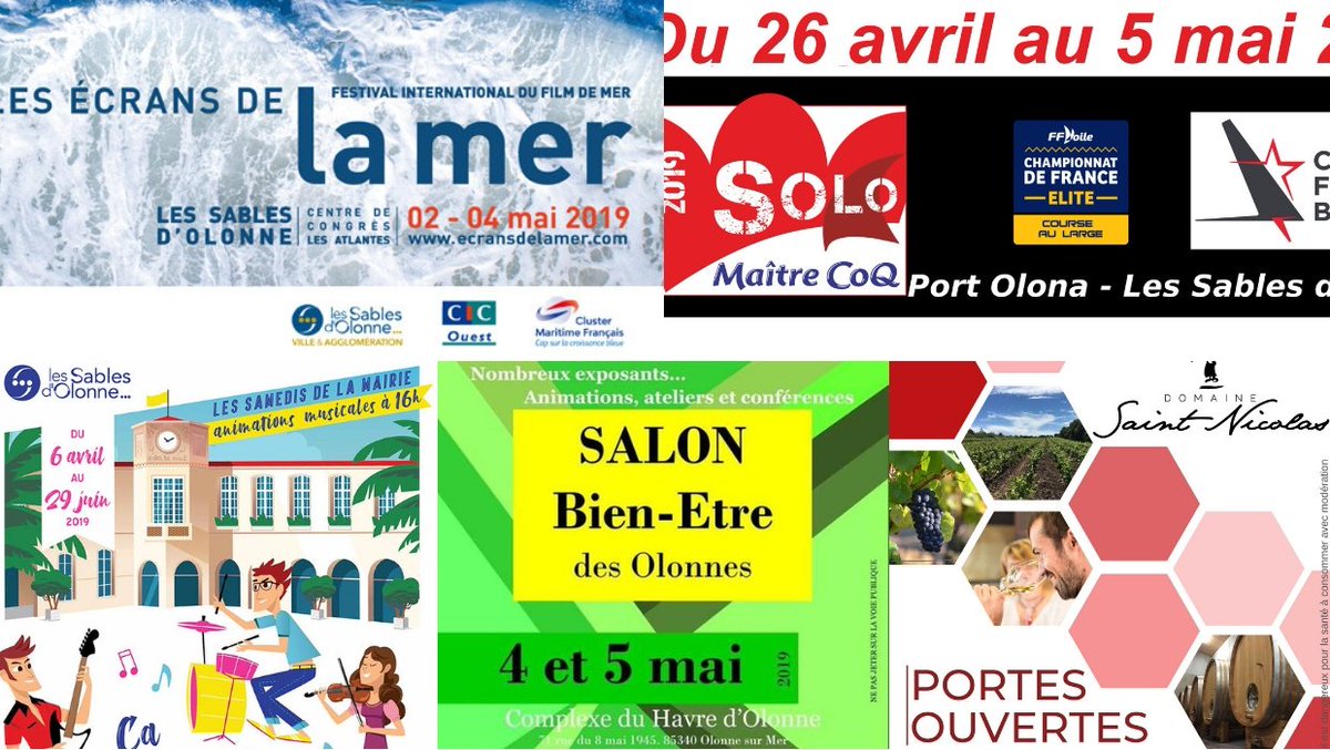 Vous faîtes peut-être le pont au 1er mai ? Voici la liste des festivités pour la semaine du 27/04 au 05/05 : bit.ly/2Zvooh6 - course à la voile <a href="/SoloMCoQ/">Solo Maître Coq</a> , Portes ouvertes au <a href="/DomSaintNicolas/">DomaineSaintNicolas</a>, Festival des <a href="/EcransDeLaMer/">LES ECRANS DE LA MER</a> , Salon du Bien-être, concerts, théâtre <a href="/LSOAgglo/">LES SABLES AGGLO</a>