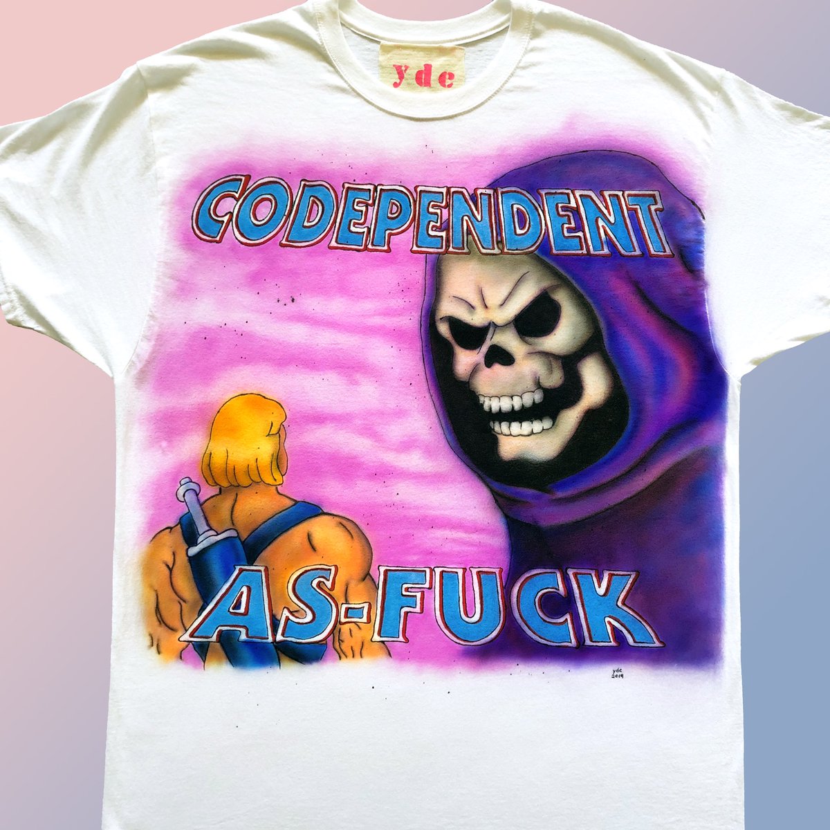 youngdeadceleb's tweet photo. We’re all CODEPENDENT AS-FUCK, memento homo/remember you are only a man #skeletor #heman #codependent #life #death #auriga #ydc #youngdeadcelebrities #atlanta #la #nyc #handpainted #airbrush https://t.co/DYSwXnrxNn