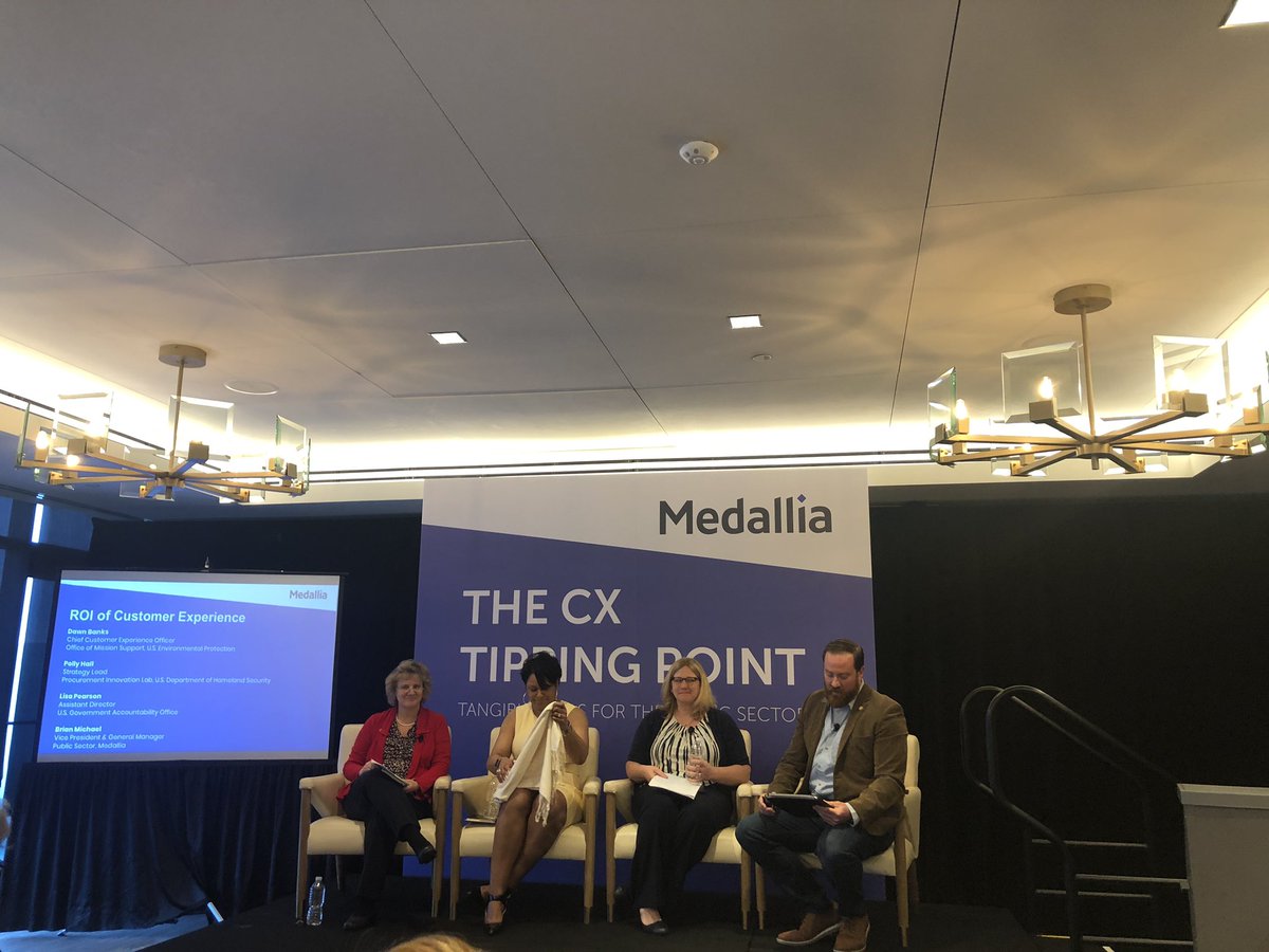 USAGCXGal's tweet photo. First panel on ROI on CX. Excited to hear from @EPA @DHSgov @GovAcctProj @Medallia #cx #cxtippingpoint https://t.co/BHqM1uIKiZ