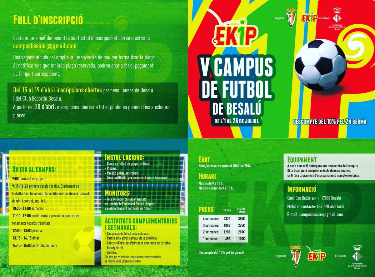 CEBesalu's tweet photo. Ja tenim els programes pel Campus de futbol d’Estiu de Besalú. Reserveu les vostres places quan més aviat millor. https://t.co/2A4xt8zeIO
