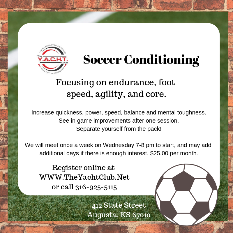 TheYACHTClub4's tweet photo. Registration for May Soccer Conditioning is now Open! $25 for the entire Month! Go to https://t.co/QJP5pmF7l7 or call us at 316-925-5115 and reserve your spot! https://t.co/3DJ29wEnrB