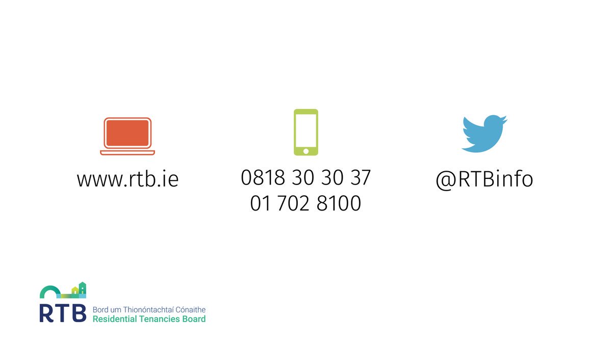 Are you a tenant, landlord or someone working in the rental sector? Do you want to find out more information about your rights and responsibilities? You can contact the RTB by phone, email, or webchat, or visit our website for more information: bit.ly/2Jzq2WK