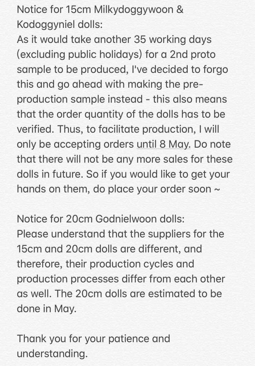 Notice for 15cm Milkydoggywoon &amp; Kodoggyniel dolls:
Notice for 20cm Godnielwoon dolls: