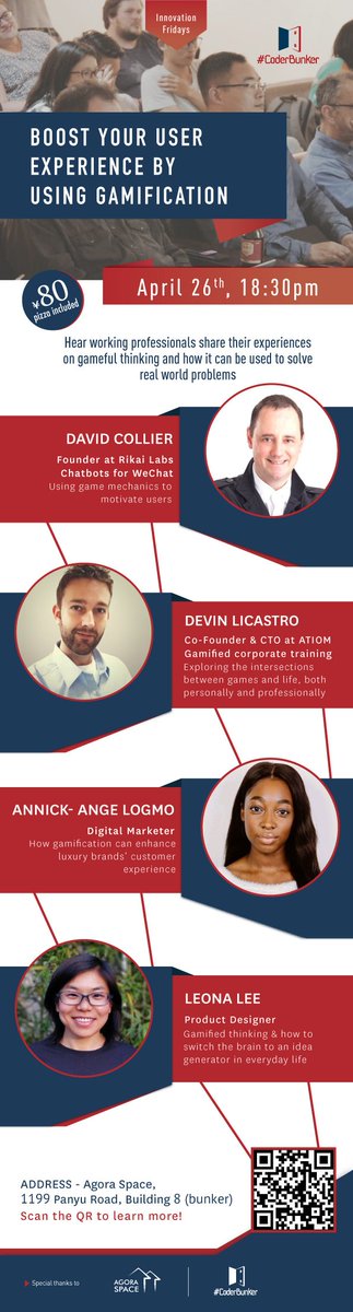 coderbunker's tweet photo. Boost your user experience!  Friday, April 26th, Coderbunker's Innovation Fridays present 4 speakers to share their insights on how gamification tools enhance user experiences. Join us! https://t.co/uOBh4JJHJs