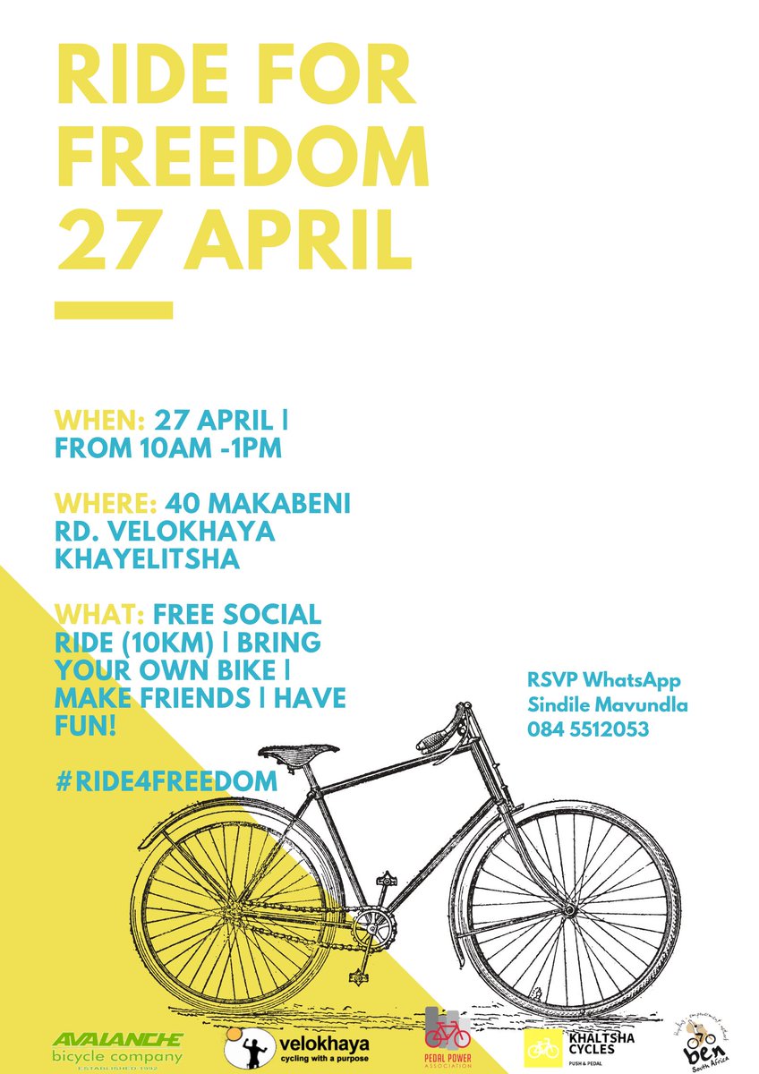 smavundla's tweet photo. Join us this Saturday as we celebrate Freedom Day in Khayelitsha #Ride4Freedom a fun social ride to celebrate the freedom of being on two wheels while connecting people and communities. @BENBikes_SA @PedalPowerPPA @Velokhaya @KhaltshaCycles @AvalancheBike https://t.co/u38jeSk3NX